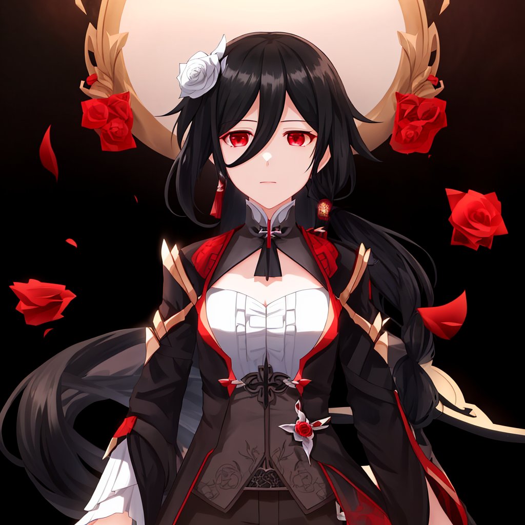 fu_hua, red_rose, red_eyes, hair_ornament, hair_flower, hair_between_eyes, flower, blood, black_hair, 1girl, solo<lora:符华-月轮-血月:0.8>