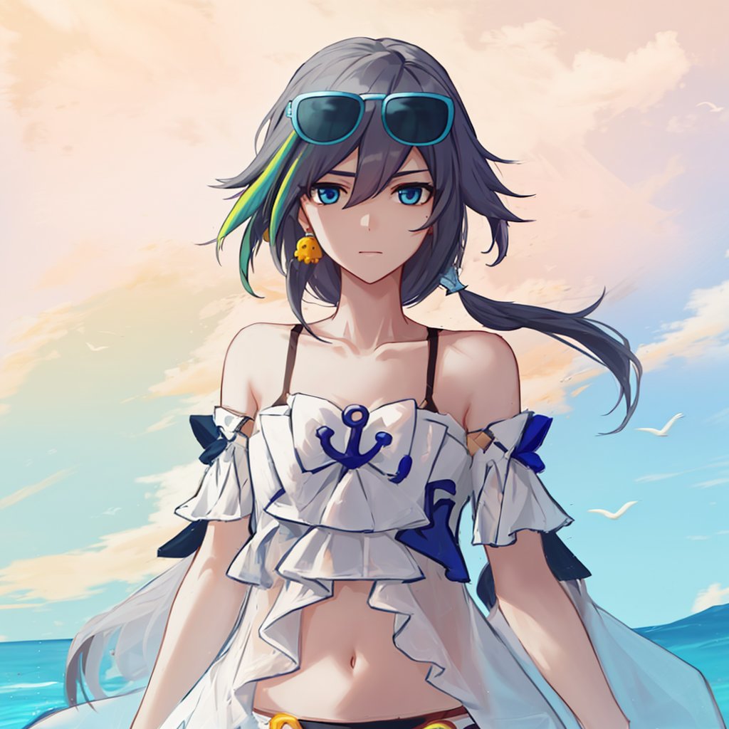 navel, hair_between_eyes, seagull, hair ornament, fu hua, swimsuit, blue eyes, multicolored hair, sunglasses, eyewear on head, bare shoulders<lora:符华-月轮-风语鸥鸣-泳装:0.8>