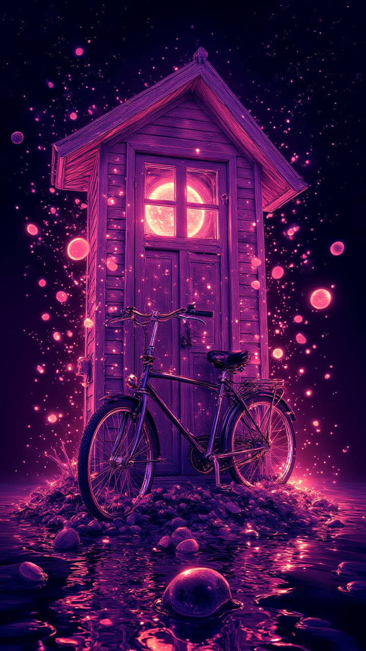 A cosmic scene of a [Outhouse|Bicycle] exploding in deep Blackberry, with deep red Seashells and shockwaves    , aidmaglow