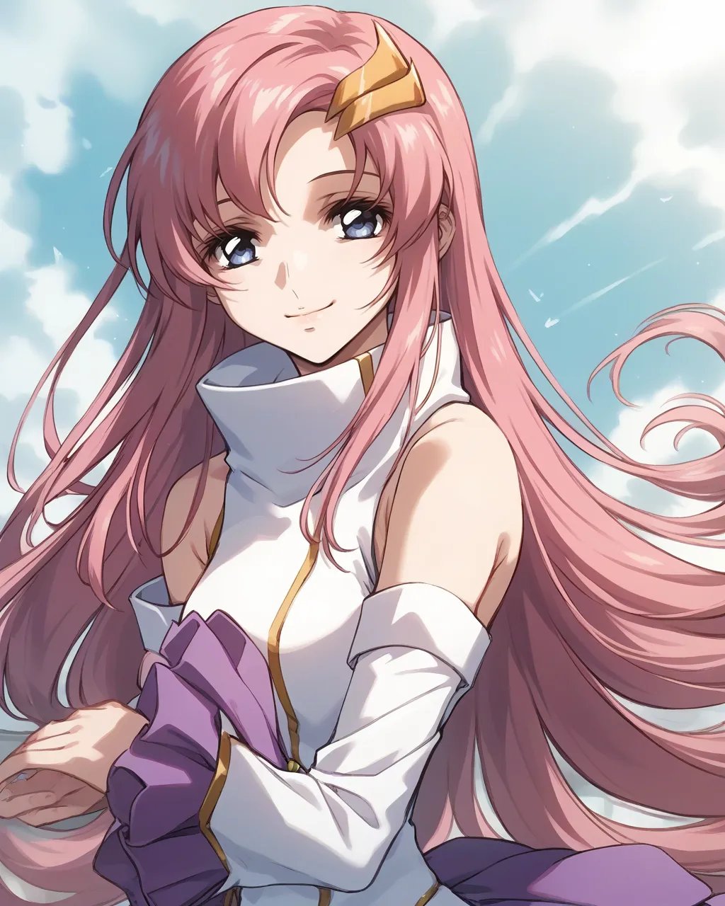 score_9,score_8_up,score_7_up,best quality, 4k, rating_safe, very aesthetic, source_anime,1girl,<lora:Lacus_Clyne>, Lacus ClyneBB,blue eyes,pink hair,long hair,hair ornament,white dress,white detached sleeves,purple skirt, upper body,looking at viewer,smile,dynamic angle,,