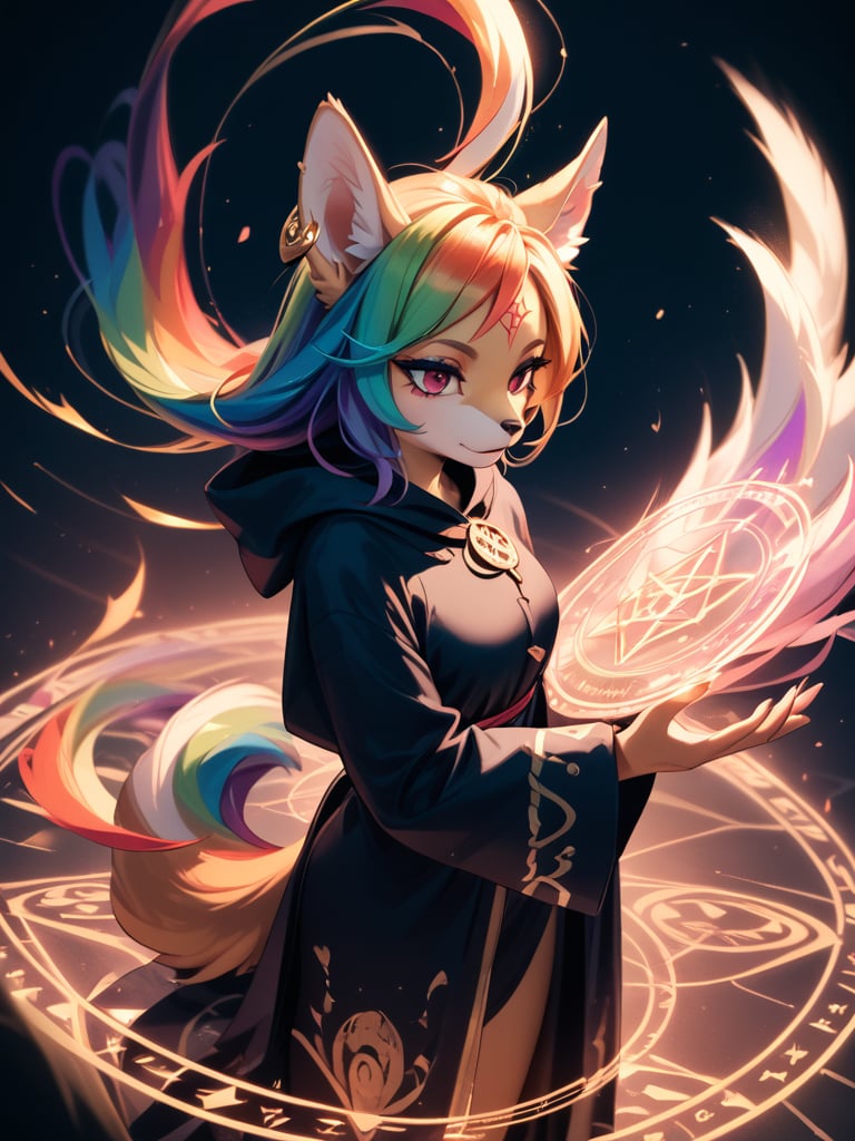 score_9, score_8_up, score_7_up,(Solo), anthro fox girl, black robe with golden details, sorcerer,colorful, rainbow,magic circle, magic array, summoning,