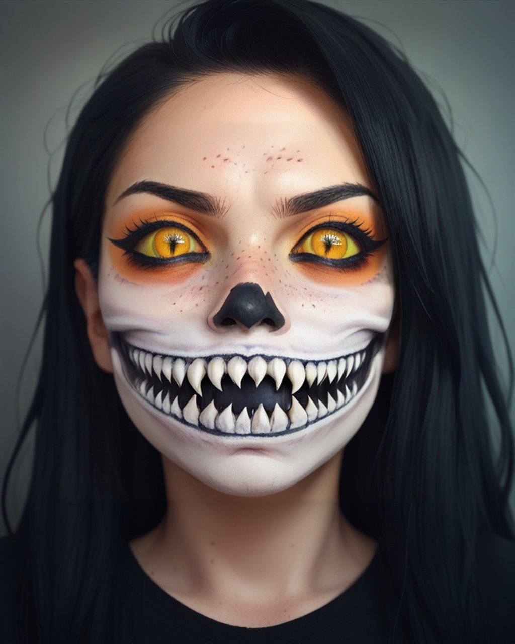 score_9_up, score_8_up, score_7_up, halloween makeup, 1girl, solo, black hair, teeth, yellow eyes, looking at viewer, colored sclera, portrait, long hair, freckles, sharp teeth, mask, horror (theme), <lora:NeoNi_HMUP:0.7>