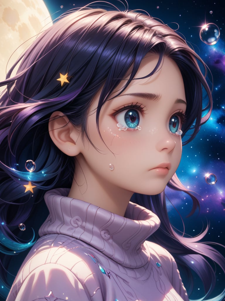 score_9, score_8_up, score_8,highly detailed, intricate, beautiful aesthetic,vibrant, extreme contrast, focus on face, (headshot), close up, view from the side, large eyes, long hair, detailed eyes, detailed hair,cute, girl, baggy sweater, cosmic background, sad, crying, tiers, water drops, floating, in space,moon, stars, atmospheric, lost, magical robes, magical hair,