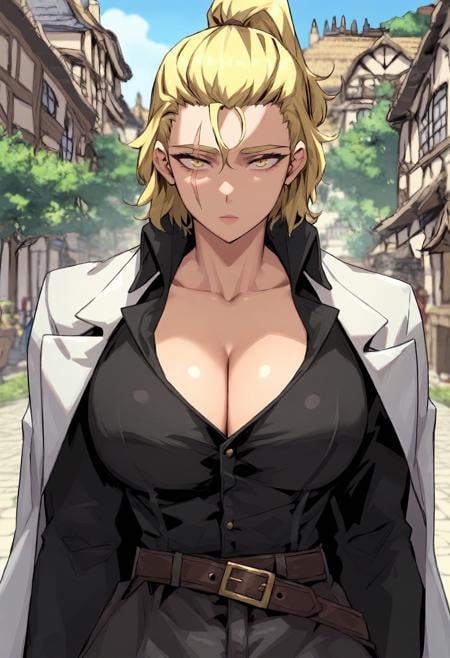 score_9, score_8_up, score_7_up, score_6_up, source_anime, rating_explicit, 1girl, (solo:1.2), huge breasts, <lora:Mineus Morhaime prefectPonyxl:0.95> blonde hair, yellow eyes, scar across eye, ponytail, short hair, white jakcet, jacket on shoulders, black shirt, collared shirt, collarbone, cleavage, long sleeves, brown belt, belt buckle, black pants, expressionless, medieval, village, outdoors, looking at viewer