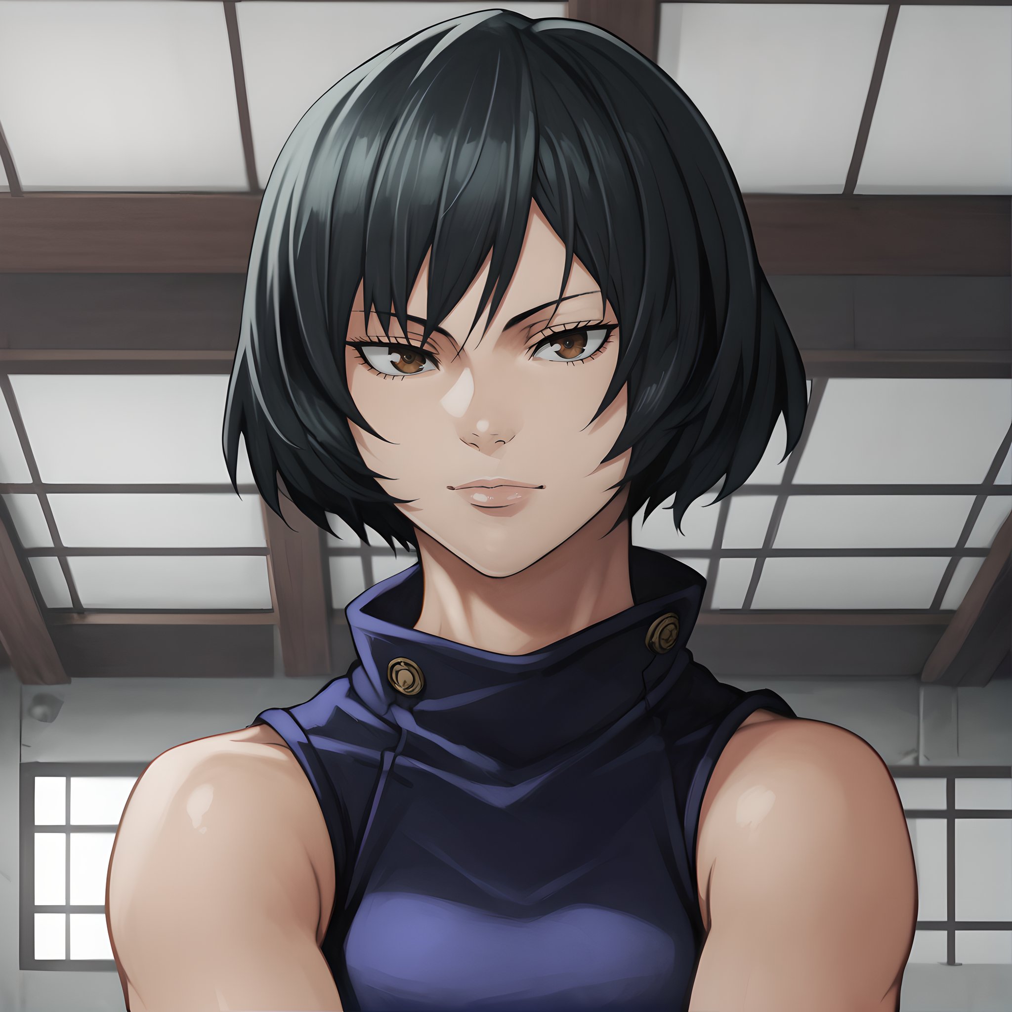 mai, solo, 1girl, short hair, black hair,dark brown eyes, looking at viewer, sleeveless, <lora:Mai_Zenin_-_Jujutsu_Kaisen:0.9>BREAKlevel_9, level_8_up, level_7_up, level_6_up, level_5_up, source_anime, masterpiece 