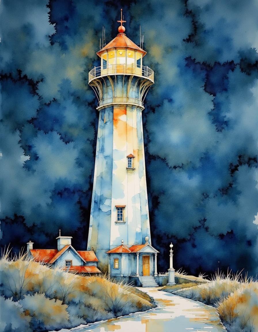 a watercolor painting of a beautiful lighthouse by night. Paul Lovering style by Adel_AI on Tensor.Art