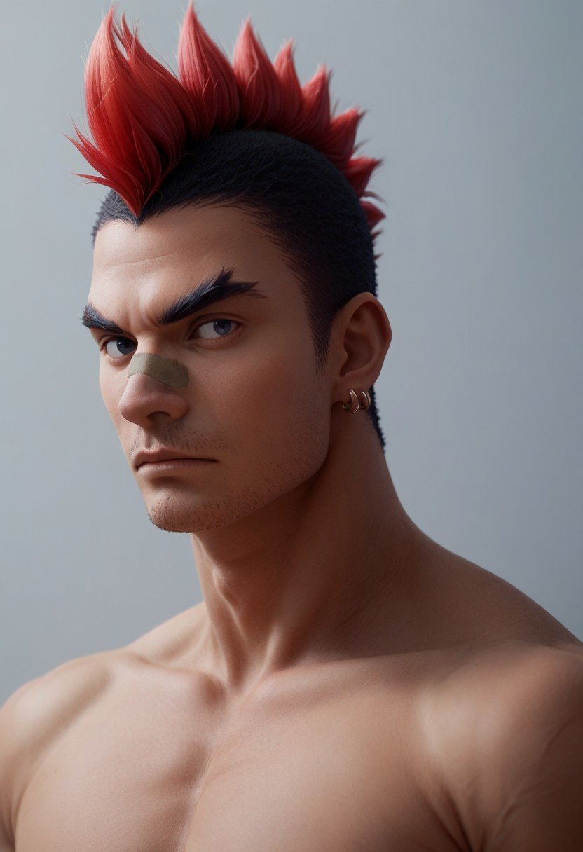 score_9, score_8_up, score_7_up, kinagase_tsumugu, bandaid on nose, red mohawk, earrings, forked eyebrows, shirtless, stubble, portrait,