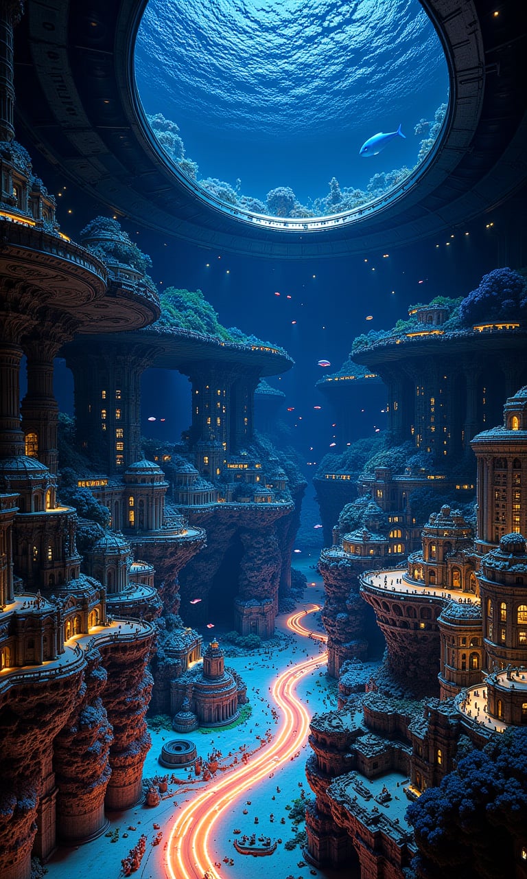 It’s a surreal depiction of a sunken metropolis, sitting beneath the ocean, surrounded by a giant glass dome with buildings and bustling streets. Outside the dome, bioluminescent marine life glides gracefully by, bathing the cityscape in a soft, ethereal garden of glowing artificial corals, outfitted with LEDs that change color to reflect the time of day or weather changes. Neon-colored lines embedded in the seafloor outline different city areas, while intricate patterns of glowing veins soften the landscape. Fiber-optic cables run through the city, their ends gleaming to form a radiating line, and fish swim around.<flux.1_lora_flyway_Epic-detail_v2_000009500:1.0>