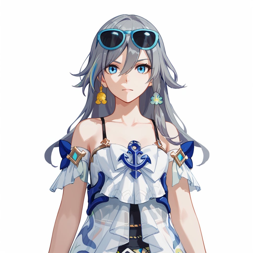 (white background:1.2),looking at viewer,(SOLO:1.4),outline,simple background,upper body, cowboy shot,looking at viewer,(((arms at side))),  fu hua, fu hua swimver, long hair, bangs, blue eyes, hair between eyes, hair ornament, multicolored hair, grey hair, blue hair, sunglasses, eyewear on head<lora:月轮-泳装:0.8>