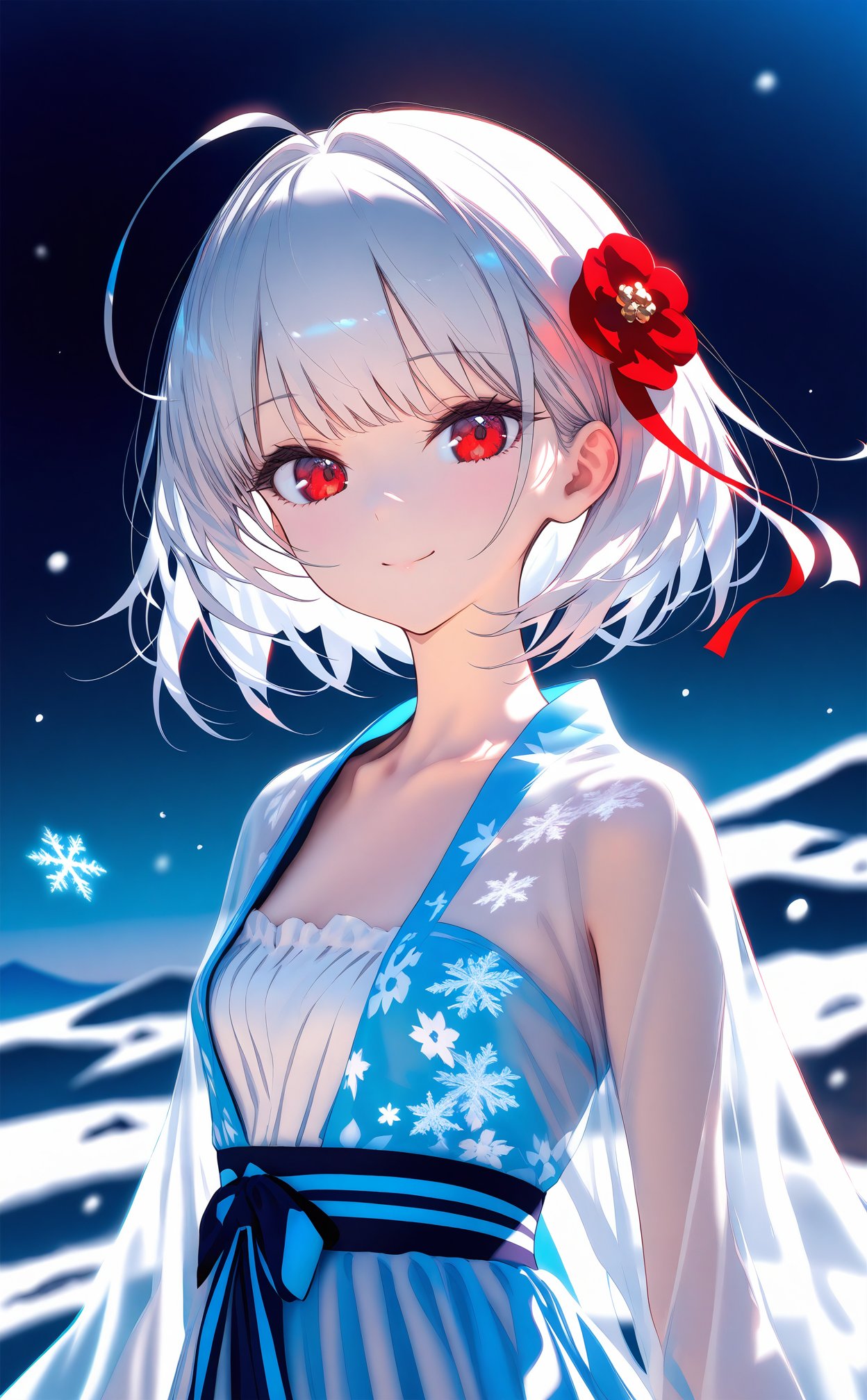 (masterpiece),(best quality),illustration,ultra detailed,hdr,Depth of field,(colorful),night,1girl,solo,red eyes,looking at viewer,hair ornament,short hair,upper body,white hair,blurry,ahoge,bangs,see-through,depth of field,hanfu,smile,floral print,closed mouth,small_breasts,loli,arm_ribbon,white upper shan,white chest po skirt,light blue waistband,white pibo,in winter,snowflakes,hills,