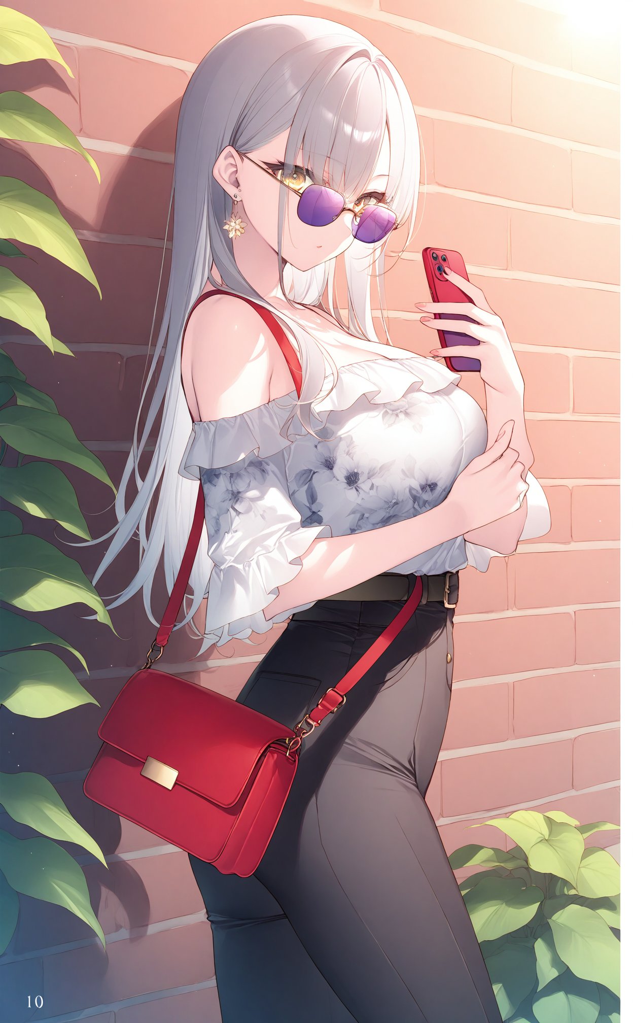 masterpiece,best quality,high quality,(colorful),[Artist toosaka asagi,artist Alens],loli,1girl,solo,long hair,earrings,jewelry,bag,holding,pants,phone,off shoulder,sunglasses,floral print,looking at viewer,shirt,bare shoulders,tinted eyewear,black pants,holding phone,looking over eyewear,breasts,cellphone,yellow eyes,grey hair,off-shoulder shirt,page number,shoulder bag,smartphone,handbag,standing,white shirt,red bag,glasses,from side,high-waist pants,outdoors,sidelocks,belt,sunlight,frills,purple-tinted eyewear,cowboy shot,large breasts,day,brick wall,plant,