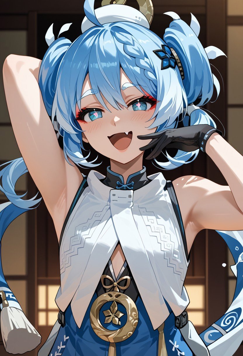 score_9,score_8_up,score_7_up,source_anime,YOUHU_(WUTHERING_WAVES),solo,looking at viewer,blush,smile,open mouth,gloves,upper body,:d,sleeveless,black gloves,fang,hand up,armpits,arm up,symbol-shaped pupils,otoko no ko,skin fang,