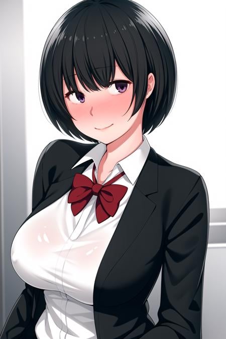 Simple White Background,dynamic pose,standing at attention,(Black_jacket:1.4), long sleeves, pleated skirt,red bowtie, <lora:Yukiko_SeriouslyHuge-KK77-V2:0.7>,black_hair, short_hair,blunt bangs,Black eyes,<lora:Oda_Non_Style-KK77-V2:0.3>,<lora:more_details:0.1>,1 girl, 20yo,Young female,Beautiful long legs,Beautiful body,Beautiful Nose,Beautiful character design, perfect eyes, perfect face,expressive eyes,perfect balance,looking at viewer,(Focus on her face),closed mouth, (innocent_big_eyes:1.0),(Light_Smile:0.3),official art,extremely detailed CG unity 8k wallpaper, perfect lighting,Colorful, Bright_Front_face_Lighting,White skin,(masterpiece:1.0),(best_quality:1.0), ultra high res,4K,ultra-detailed,photography, 8K, HDR, highres, absurdres:1.2, Kodak portra 400, film grain, blurry background, bokeh:1.2, lens flare, (vibrant_color:1.2),professional photograph,(Beautiful,large_Breasts:1.4), (beautiful_face:1.5),(narrow_waist),