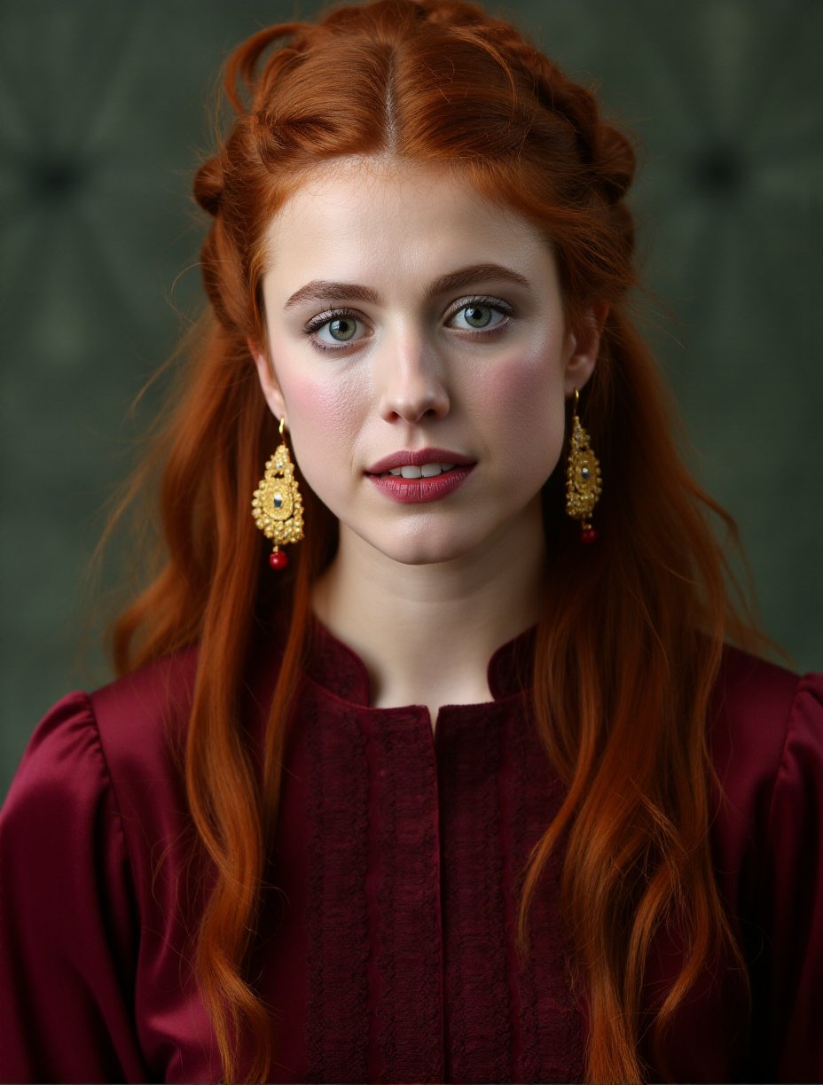 This is a photograph of a woman with striking red hair styled in elaborate braids. Her hair is intricately woven into a series of braids that cascade down her shoulders, with a few strands framing her face. She has a fair complexion and is wearing a deep red dress with gold accents, which adds a regal and historical touch to her attire. The dress has a high neckline and appears to be made of a luxurious fabric, possibly silk or velvet, with a subtle sheen that enhances its texture. She accessorizes with gold jewelry, including a pair of large, dangling earrings that feature intricate designs and small red beads. Her makeup is subtle yet elegant, with a soft pink lipstick and a light blush that complements her fair skin. The background is a muted, textured green that contrasts subtly with her vibrant attire, making her the focal point of the image. The overall style of the photograph is reminiscent of classical or historical portraiture, emphasizing both the woman's appearance and the rich, opulent details of her dress and accessories.,Margaret Qualley,<lora:Margaret_Qualley_Flux_V1:1>