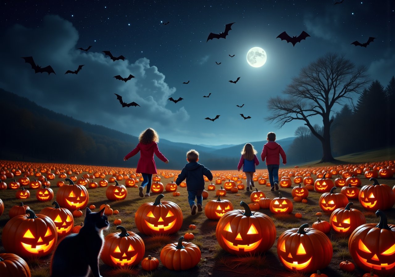 A pumpkin patch under starlight: Rows of jack-o’-lanterns light up the field, their carved faces flickering with inner flames. Children in costumes dart between the glowing pumpkins, their laughter carried by the wind. Overhead, bats swoop through the starry sky, as a black cat watches quietly from the shadows.