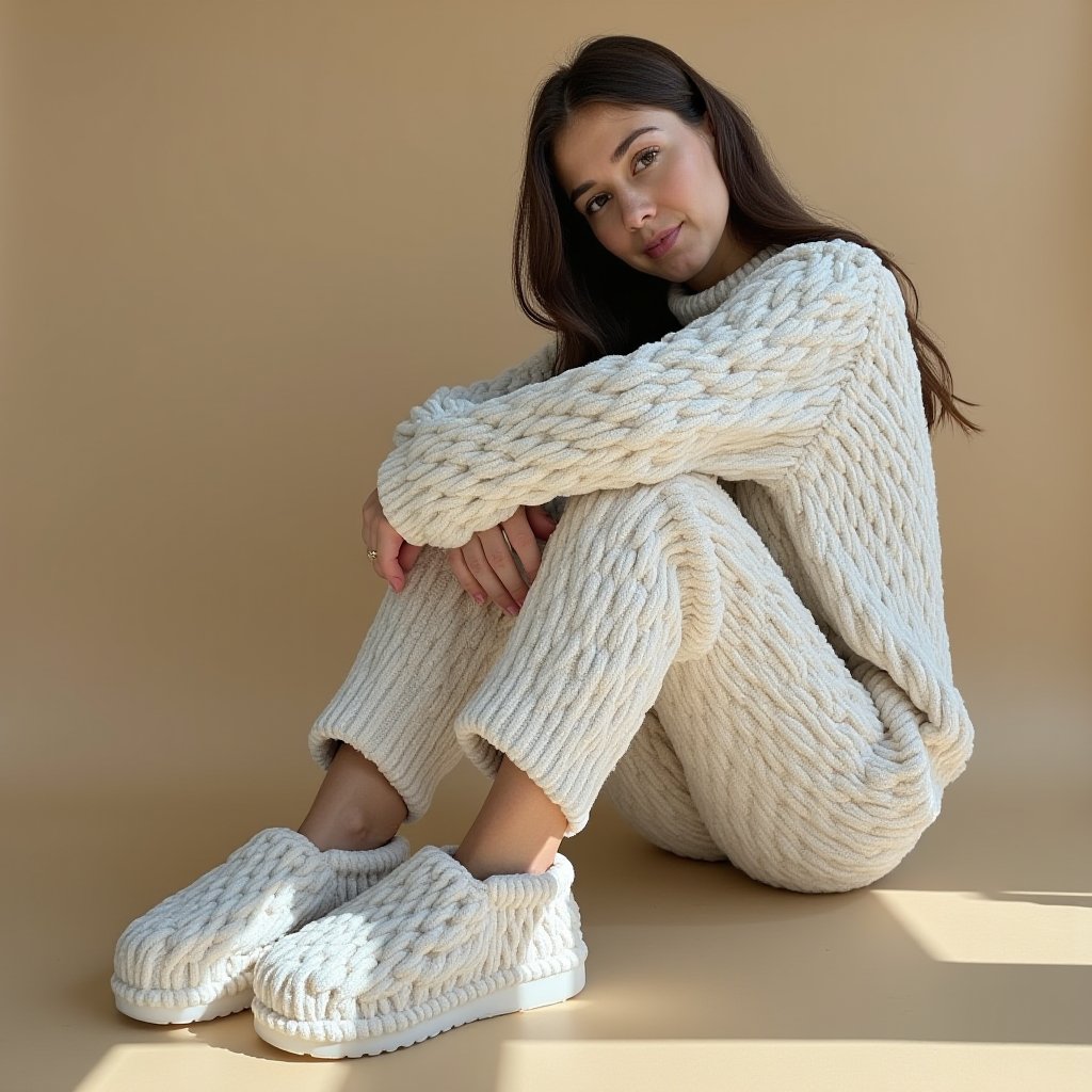 a seated  woman dressed in a thick, cable-knit dark cream sweater wearing a  minimalistic cozy cream-colored   woolen  fotwerslprs  slippers. Dressed a thick, cable-knit dark cream sweater.   <lora:fotwerslprs-000012:1>