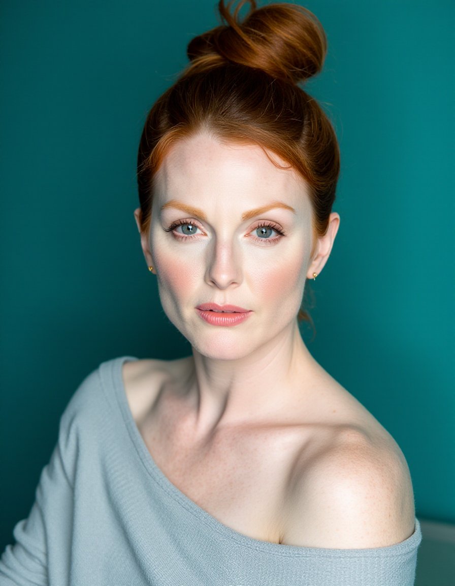 This is a high-resolution photograph of a young woman with fair skin and striking red hair styled in a high, messy bun. Her hair has a vibrant, deep red color that contrasts beautifully with her fair complexion. She gazes directly into the camera with a serious, slightly pensive expression, her blue eyes accentuated with subtle makeup. Her eyebrows are well-groomed, and she has a natural, matte pink lipstick that adds to her elegant look. Her skin is smooth and flawless, with a slight blush on her cheeks.She is wearing a light grey, off-the-shoulder sweater that drapes loosely over her shoulders, revealing her collarbones and upper chest. The sweater appears soft and cozy, made of a light, knitted fabric that adds a touch of warmth to the image. The background is a solid, teal-colored wall, which creates a simple yet striking backdrop that draws attention to the subject. The lighting is soft and even, casting a gentle glow that highlights her features and the texture of her hair and clothing. The overall aesthetic of the image is modern and sophisticated, emphasizing natural beauty and a minimalist style.,Julianne Moore, <lora:Julianne_Moore_Flux_V1:1>