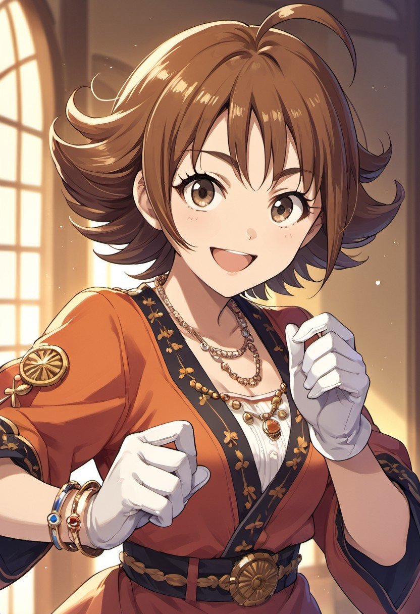 score_9, score_8_up, score_7_up, source_anime, nishijima kai, short hair, brown hair, smile, ahoge, brown eyes, 1girl, solo, jewelry, gloves, necklace, bracelet, flipped hair, open mouth, white gloves, looking at viewer