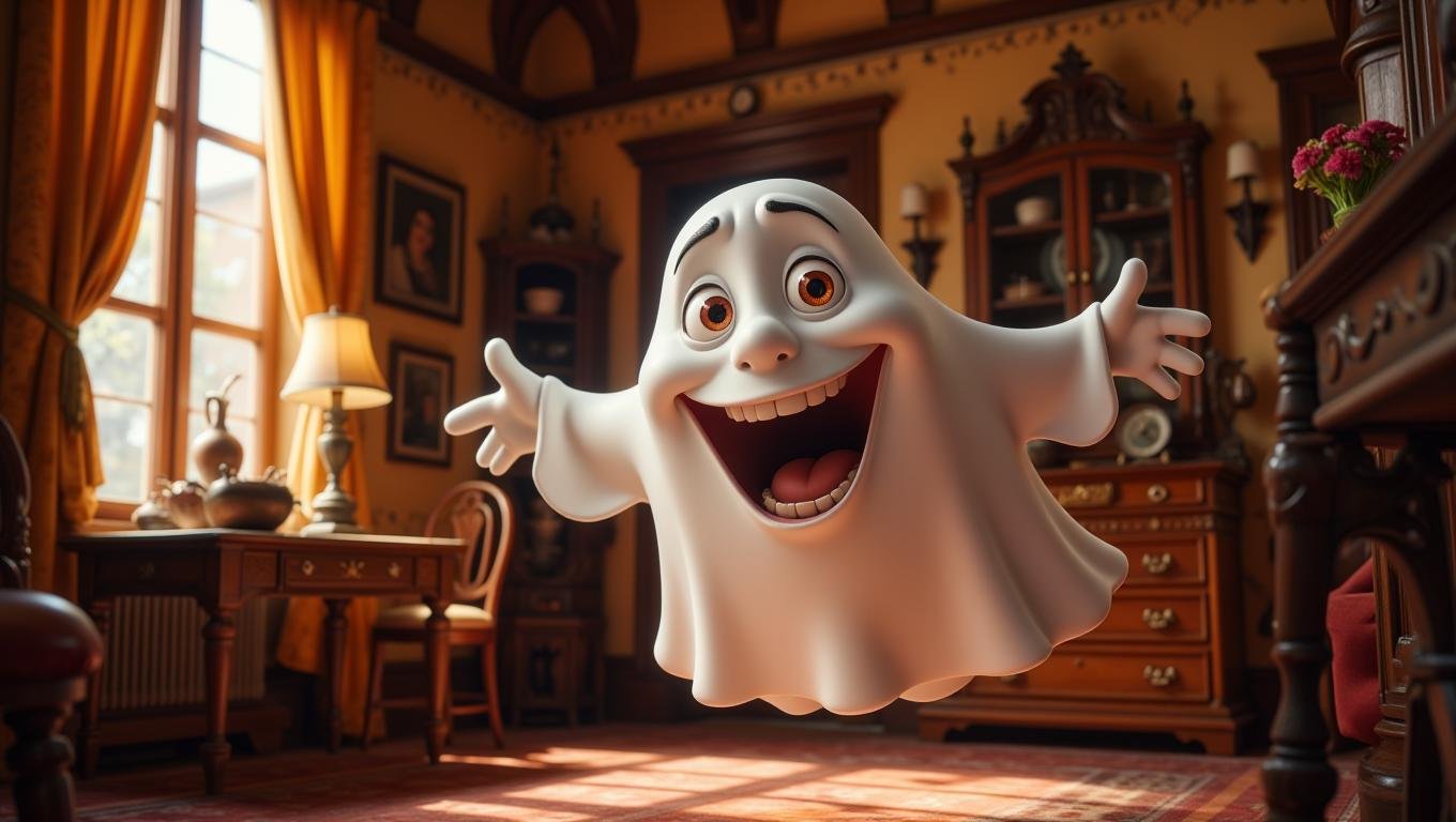 A transparent, cheerful ghost is floating through the rooms of an old, charmingly decrepit mansion. The ghost is smiling widely as it reaches out to playfully tug on the curtains of a dusty, forgotten room. Sunlight filters through the windows, casting a warm glow on the antique furniture. The atmosphere is spooky yet lighthearted, as if the ghost is more of a mischievous companion than a frightening specter.  <lora:Cute_3d_Cartoon_Flux:0.6>