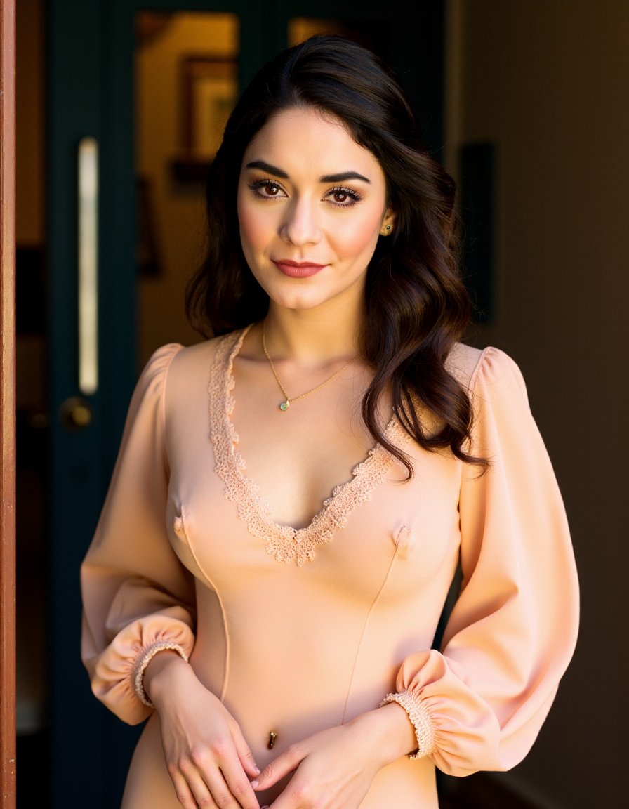 This is a photograph of a woman standing in front of a door. She has a fair complexion and long, dark, wavy hair that cascades past her shoulders. Her facial features are delicate, with a slight smile and light makeup accentuating her natural beauty. She is wearing a vintage-style, peach-colored dress with a V-neck and long, puffy sleeves adorned with intricate lace detailing around the cuffs and neckline. The dress appears to be made of a soft, flowing fabric, adding to its vintage charm. She accessorizes with small, gold hoop earrings and a delicate gold necklace with a small pendant, which rests just above her cleavage. Her hands are gently folded in front of her, with her fingers lightly touching each other. The background reveals a part of a wooden door, painted in a dark color, with a brass handle. The door opens to a dimly lit interior with soft, muted colors, suggesting an old-fashioned, possibly historical setting. The overall atmosphere of the photograph is warm and inviting, with a sense of nostalgia and elegance.,Vanessa_Hudgens, <lora:Vanessa_Hudgens_Flux_V1:1>