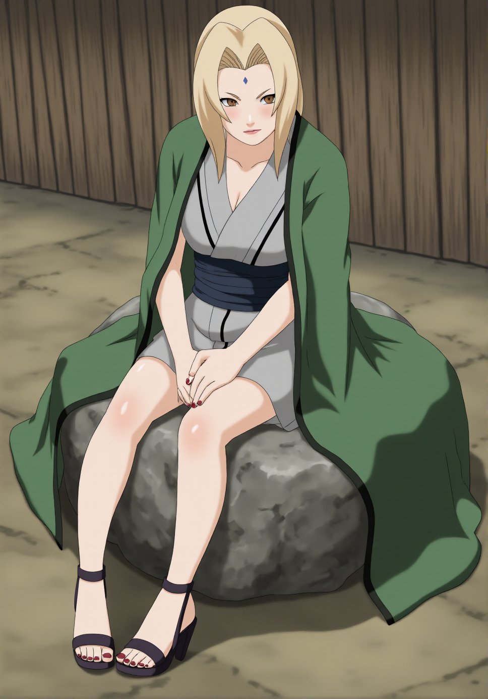 This image is a digital drawing in the anime style, depicting a young woman with fair skin and shoulder-length, light blonde hair parted in the middle. She has a serene expression and is seated on a large, unevenly shaped rock. Her attire includes a green, open robe over a grey, sleeveless dress with a black belt. The dress has a V-neckline and is cinched at the waist, accentuating her slender figure. She is wearing black high-heeled sandals with thin straps that wrap around her ankles. Her hands are clasped in her lap, and her toenails are painted a deep red. A small, blue gem adorns her forehead, and her eyes are a soft brown. The background features a wooden wall with a rough texture, suggesting an outdoor setting. The overall color palette is muted, with earthy tones of green, grey, and brown, contributing to a serene and natural ambiance. The image captures a moment of quiet contemplation, with the woman's posture and expression conveying a sense of calm and introspection.,tsunade,<lora:Tsunade_Flux_V1_r1:0.9>