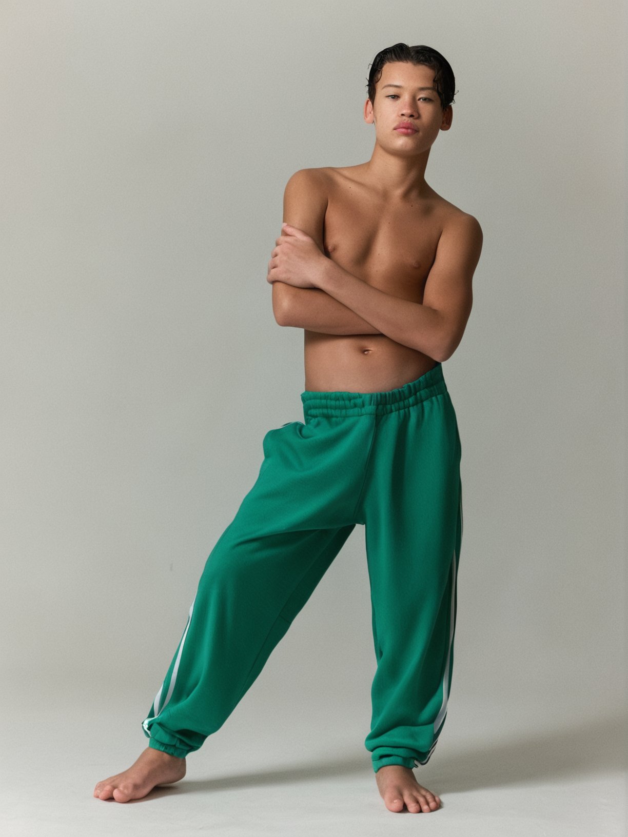 score_9, score_8_up, score_7_up, solo, photo, <lora:NG(n4tang0ldmann)SDXL:1> (n4tang0ldmann), teen boy, model, full thick lips, solo, green pants, male focus, 1boy, crossed arms, barefoot, realistic, pants, full body, black hair, standing, topless male, navel, simple background, white background, track pants, dark-skinned male, toes, realistic, hyper detailed photorealistic life-like accurate proportional 8k sharp focus, accurate cinematic lighting, photorealistic detail, uncensored, full body shot  <lora:add-detail-xl:0.6>  