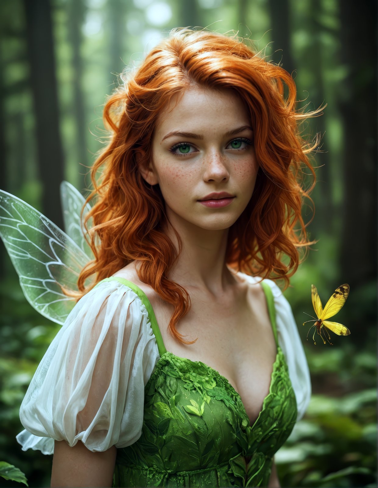 score_9, score_8_up, score_7_up, (realistic:1.4),very aesthetic, best quality, absurdres, (rating_safe), detailed face and eyes, fairy with wings, ginger hair, messy hair, dress, fireflies, forest, green eyes, (freckles:0.8)