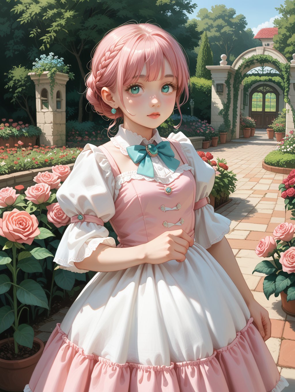 score_9, score_8_up, score_7_up,outdoor, garden, rose garden, cowboy shot, 1 girl,pink_hair,aqua_eyes,,brooch,bowtie,puffy_sleeves,white_dress,