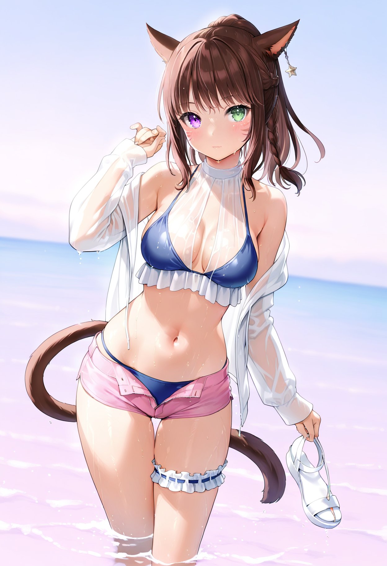 1girl, animal ears, solo, shorts, breasts, tail, cat ears, cat tail, navel, long hair, heterochromia, swimsuit, bikini, holding, warrior of light \(ff14\), looking at viewer, purple eyes, miqo'te, short shorts, cat girl, open clothes, off shoulder, braid, wading, white background, medium breasts, cleavage, stomach, bikini under clothes, thighs, wet, green eyes, midriff, crop top, bare shoulders, see-through, shirt, open fly, simple background, micro shorts, hand up, standing, jacket, open jacket, blush, water, white shirt, long sleeves, star \(symbol\), white jacket, bridal garter, closed mouth, white footwear, brown hair, blue bikini, shoes, thigh strap, frills, sandals, facial mark, pink shorts, animal ear fluff, open shirt