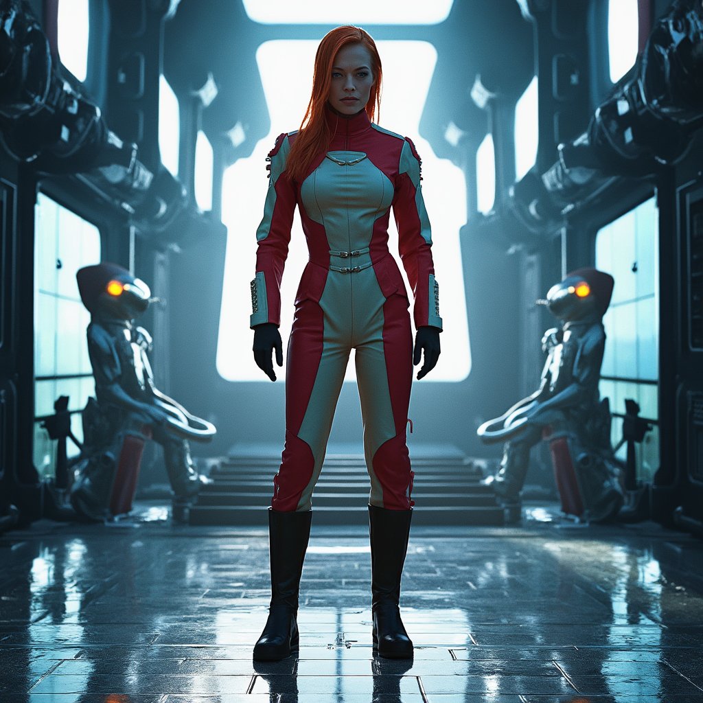 jrryn, cinematic, dramatic lighting, front facing view,  full body shot, a beautiful woman wearing a  space cadet dress suit uniform, wearing military boots,  a very formal futuristic space jacket,  red hair in a braid, possing in a very confident way in a space port in space station, ultra detailed, ultra realistic, ultra detailed colors, 8k, real photography <lora:jeri-ryan:1.2>