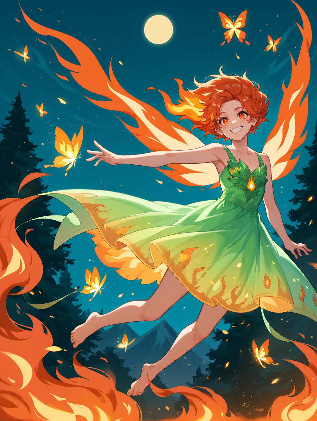 score_9, score_8_up, score_7_up, source_anime, flame fairy, freckled, (fire glow:1.2), (flying:1.3) (over fire:1.2), huge yellow moon hanging over volcano, fire glowing butterflies, fireflies, fire in background, wide smile, transparent fire dress, barefoot, smog, (fire around:2),