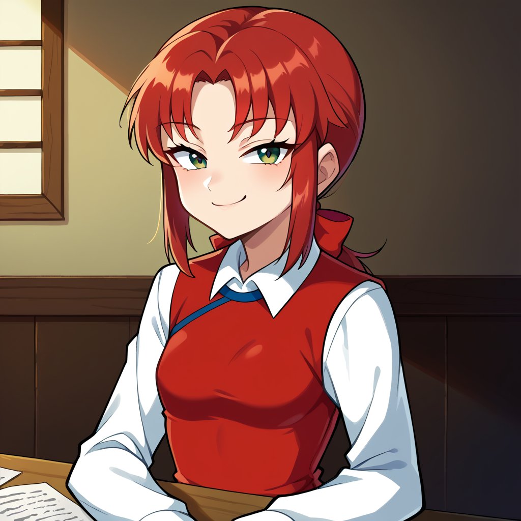 score_9, score_8_up, score_7_up, BREAK source_anime, absurdres, table, dining room, elbows on table, smug, looking at viewer, half-closed eyelids, upper body, 1girl, solo, MRHolly, sidelocks, ponytail, red hair bow, red dress, long white sleeves, white collar, BREAK small breasts, <lora:MRHolly_SDXL-000005:1.0>