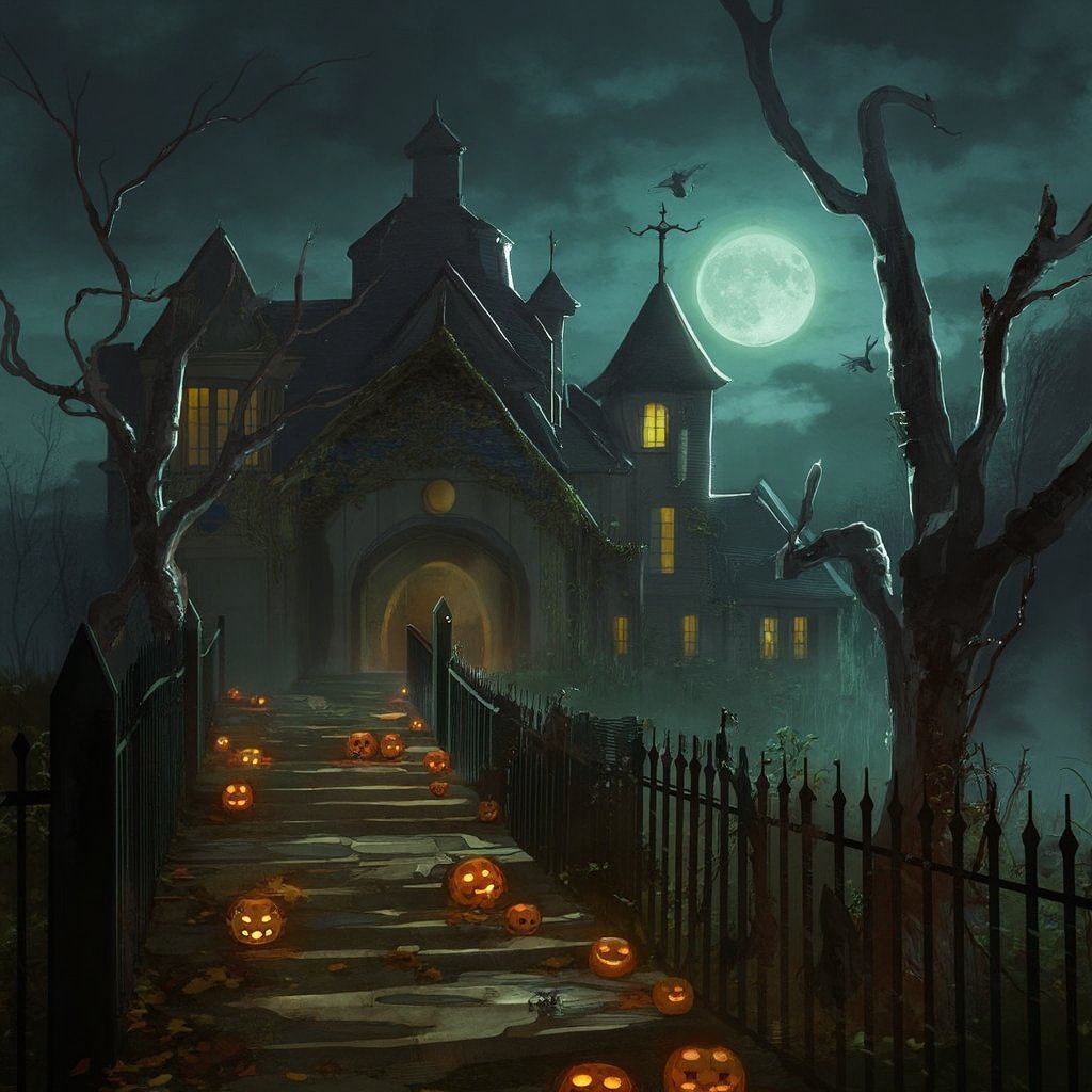 A dark and eerie Halloween scene featuring a spooky haunted house with Gothic architecture, illuminated by a glowing full moon in the background. The house is surrounded by twisted, leafless trees with creeping vines, while glowing jack-o'-lanterns with ominous grins line the pathway leading to the entrance. Bats are flying in the cloudy, foggy sky, adding to the haunting atmosphere. Fallen autumn leaves are scattered across the ground, and a wrought iron fence encloses the mysterious house. The scene evokes a chilling, magical, and mysterious Halloween night and atmospheric style of devinellekurtz, <lora:devinellekurtz-style-v3:1.2>