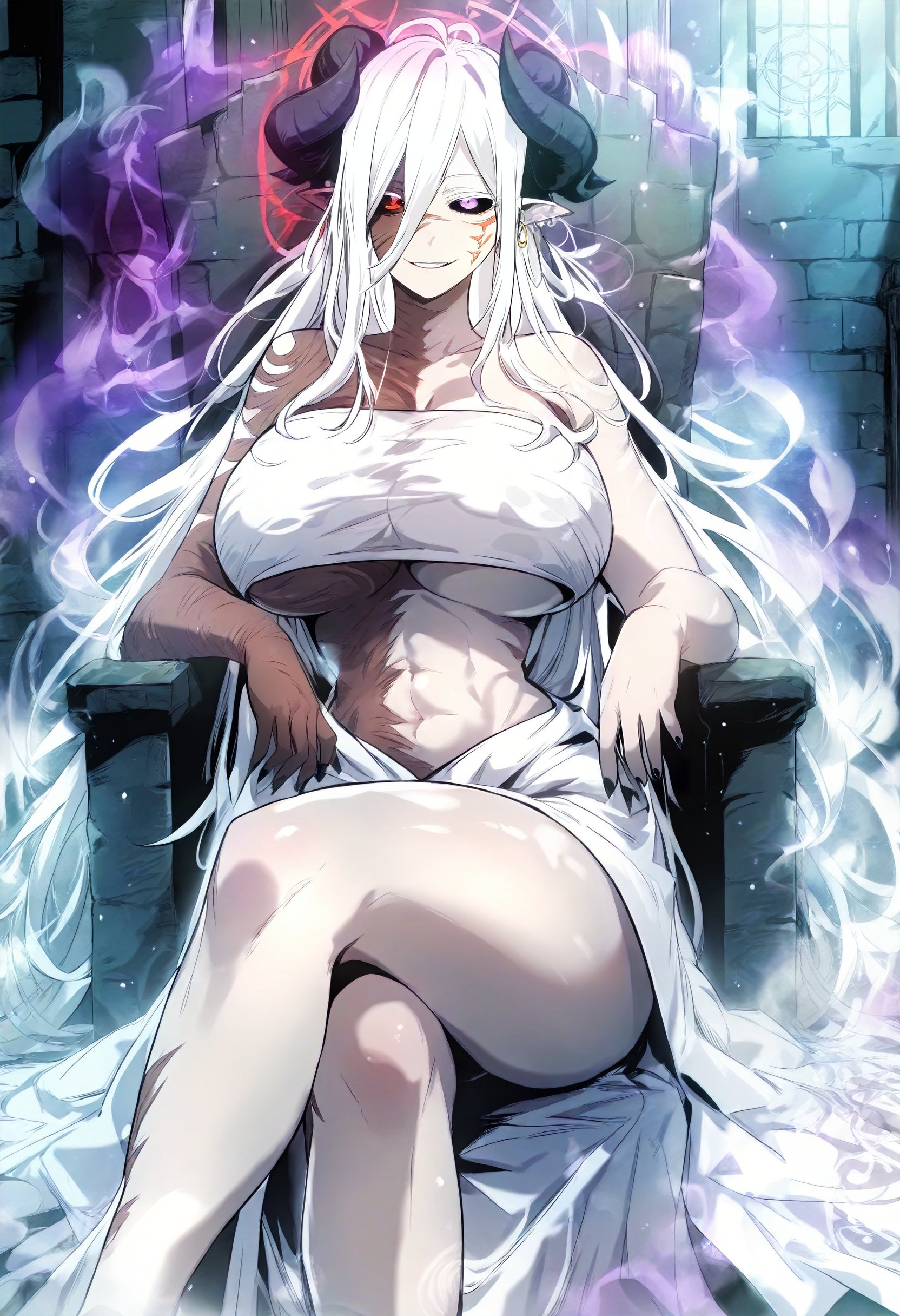 score_9, score_8_up, score_7_up, score_6_up, source_anime, rating_explicit, 1girl, (solo:1.1), huge breasts, <lora:Hel prefectPonyxl:1> white hair, long hair, pointy ears, black sclera, colored sclera, heterochromia, demon horns, colored skin, black horns, scar, red eyes, fingernails, black nails, facial mark, purple eyes, white skin, colored eyelashes, earrings, sarashi, underboob, strapless, evil smile, dungeon, indoors, dark, night, looking at viewer, sitting, throne, crossed legs, magic circle, dark aura, close-up