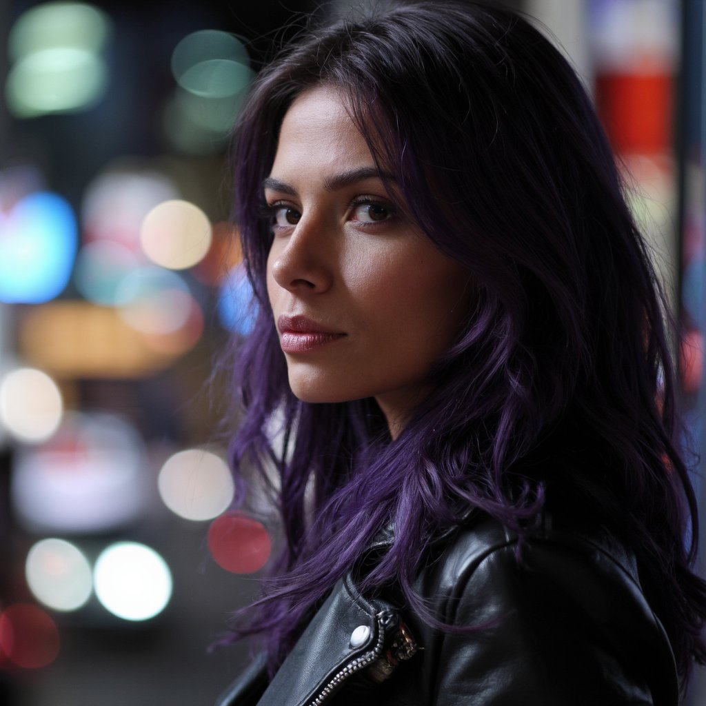 A ultra sharp portrait of sarahshahi captured in a side profile. She has long, wavy, purple hair and wears a shiny black leather jacket. The background is a bokeh of city lights in various colors, creating a vibrant atmosphere. The woman's gaze is directed away from the camera, conveying contemplation or introspection. The image's style is contemporary, emphasizing the interplay of light and shadow.