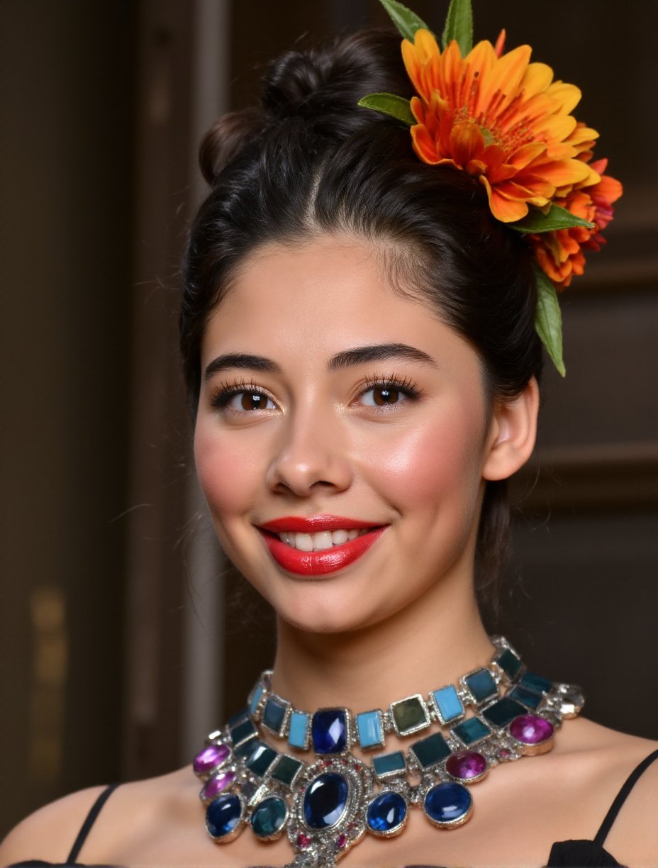 This is a high-resolution photograph of a woman with striking makeup and a vibrant, elaborate hairstyle. She has fair skin, bright blue eyes, and full, glossy lips painted in a deep red color. Her eyebrows are well-groomed and her eyelids are accentuated with bold, bright orange eyeshadow that extends to her lower eyelids, giving her a dramatic look. She has a delicate, upturned nose and her hair is styled in a sophisticated, intricate braided updo. Her hair is adorned with a large, colorful floral arrangement featuring red, yellow, and orange flowers, with green leaves, positioned to the right side of her head. The flowers add a pop of color and texture to the image.She is wearing a statement necklace that consists of a mix of dark blue, turquoise, and purple stones set in a metallic frame, with each stone having a unique shape and size, creating a visually dynamic and textured effect. The necklace sits prominently around her neck, drawing attention to her collarbone and upper chest area.The background is blurred, but hints at a rustic, earthy setting with muted brown tones, allowing the subject to stand out sharply against the neutral backdrop.,Xochitl Gomez,<lora:Xochitl_Gomez:1>