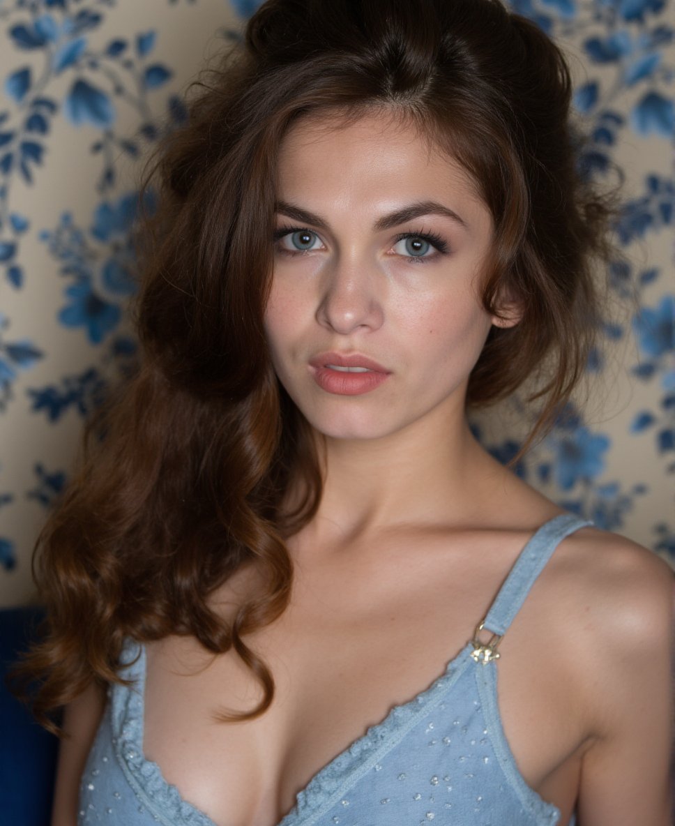 This is a high-resolution photograph of a young woman with a fair complexion and light skin tone. She has long, wavy, light brown hair that cascades around her face, with some strands falling into her eyes. Her eyes are a striking blue, accentuated by heavy, dark eyeliner and mascara, giving her a dramatic, almost smoky eye look. Her eyebrows are thick and well-groomed, adding to the intensity of her expression. She has a full, slightly parted mouth with glossy, natural-looking pink lips.She is wearing a light blue, sleeveless top with a delicate, floral pattern. The top has a soft, slightly textured fabric that appears to be made of a blend of cotton and silk. The background of the image is a vintage-style wallpaper with a blue and white floral pattern, adding a classic, elegant touch to the composition. The lighting is soft and diffused, creating a gentle glow on her face and adding depth to the shadows. The overall mood of the photograph is intimate and contemplative, with the subject's expression conveying a mix of seriousness and vulnerability. The photograph captures a blend of natural beauty and artistic styling.. <lora:Elodie_Yung_Flux_V1:0.96>