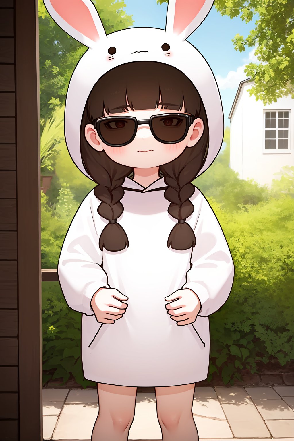 (best quality,masterpiece:1.2),ultra detailed,8k,extremely detailed,delicate pattern,looking at viewer,outdoors,<lora:C_QV_rabbit_girl_OCT_:0.7>,child,sunglasses,1girl,solo,Q,Q ver,braid,brown hair,twin braids,rabbit ears,bangs,blunt bangs,long hair,twintails,brown eyes,blush,rabbit hood,hood up,hood,long sleeves,white rabbit costume,standing,