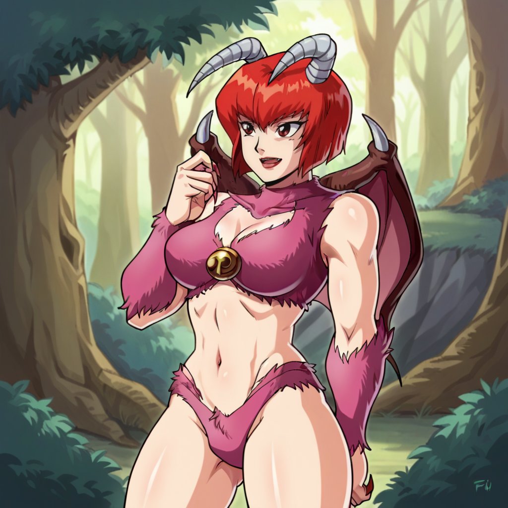 score_9, woman in a forest, <lora:PixieMR_XL:1> pixie \(monster farm\), monster rancher, sharp nails, fur bikini