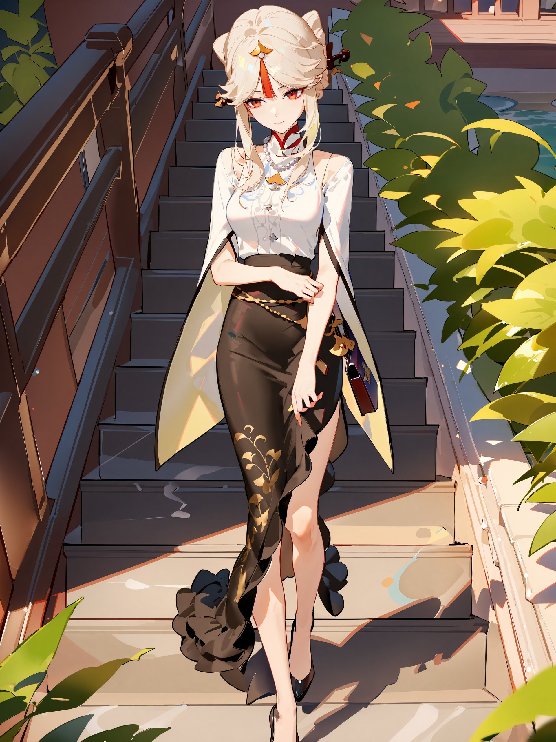 1girl, ningguang-casual, solo, mary janes, high-waist skirt, blouse, wide sleeves, hair up, bead necklace, orange tassel hair ornament, full body, holding bag, handbag, french garden, walking, light smile, looking away, depth of field  <lora:Char-Genshin-Ningguang-XL-V1:0.9>, masterpiece, best quality, very aesthetic, ray tracing, newest,(hitenkei, askzy:0.5), [<lora:detailed_notrigger:0.95>::0.5] 