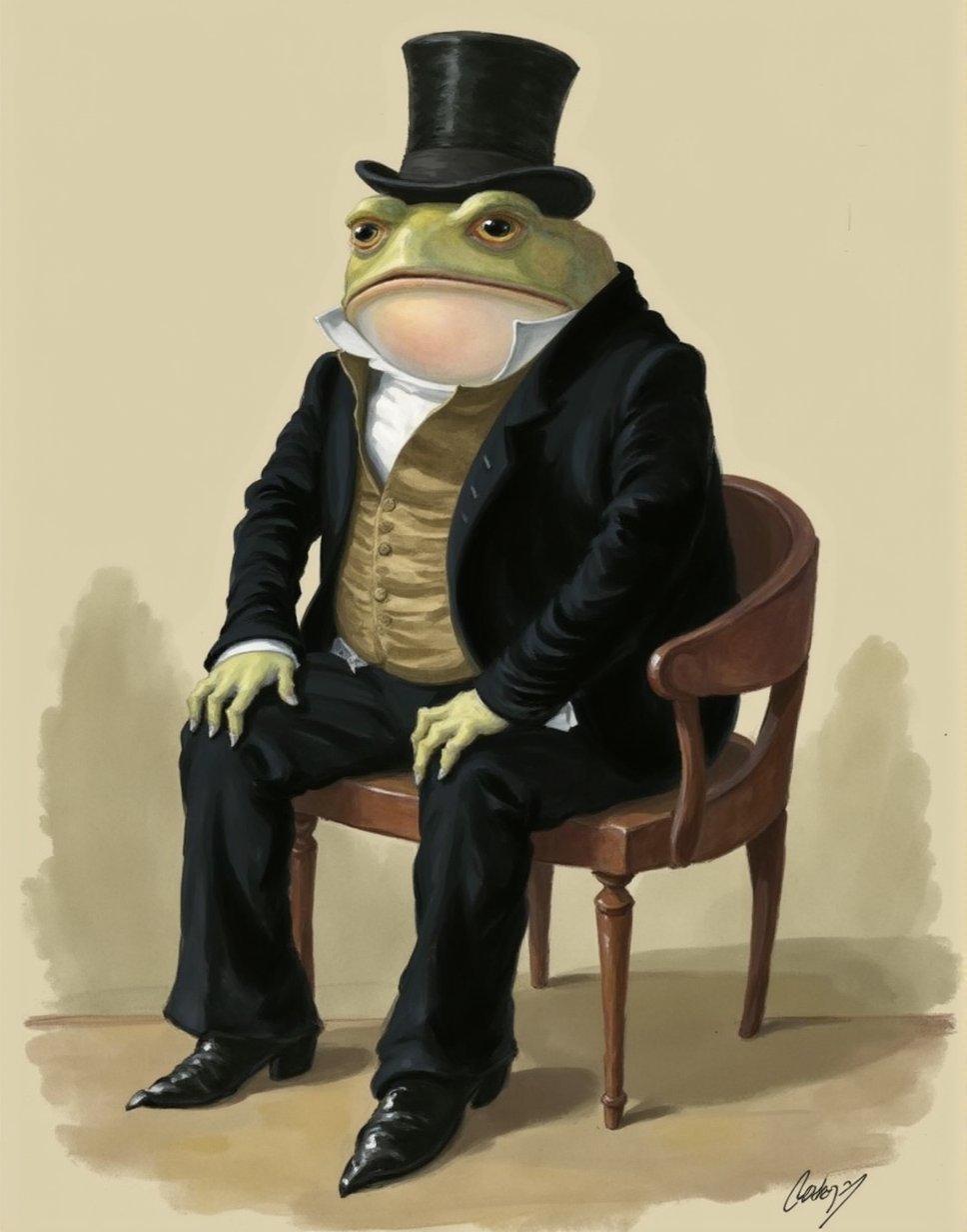 The image is a digital drawing in a classic, humorous style, reminiscent of 19th-century satirical prints. It depicts a large, anthropomorphic frog dressed in a black suit with a white shirt and a brown waistcoat, seated on a wooden chair. The frog has a human-like face with a wide mouth and large, expressive eyes, and it is wearing a top hat. The suit is formal and tailored, with a high collar and a buttoned waistcoat, suggesting a sense of formality and seriousness.The background is a plain, muted beige, with a subtle gradient that fades into the bottom of the image. The frog's posture is upright and composed, with its hands resting on its lap. The frog's legs are visible, clad in black pants that match the suit, and its feet are positioned on the floor.Above the frog, there is a text overlay in white, bold font that reads, "Gentlemen, here's some bad news: I'm on the verge of going bankrupt due to the lack of NSFW content." This text humorously contrasts with the formal attire and composed demeanor of the frog, suggesting a humorous commentary on the lack of adult content in the context of the frog's financial struggles.， <lora:Gentleman_Frog_Flux_V1-000001:1>