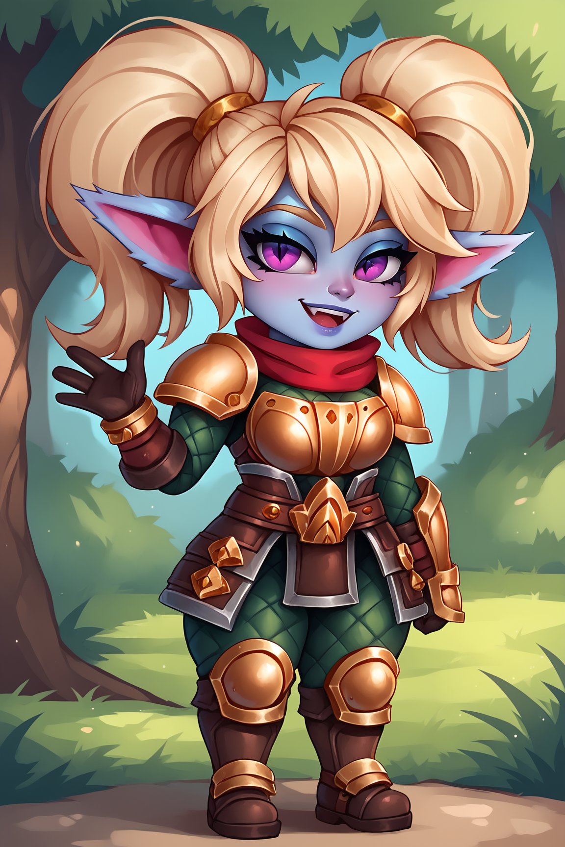 score_9, score_8_up, score_7_up, score_6_up, BREAK, PoppyLoLXLv2, blue skin, colored skin, shortstack, yordle, purple eyes, blonde hair, twintails, pointy ears, medium breasts, golden armor, armor shoulder, red scarf, breastplate, green snakeskin shirt, armor hips, green snakeskin pants, brown boots, solo, full body, standing, waving, looking at viewer, seductive smile, forest <lora:PoppyLoLXLv2:0.8>