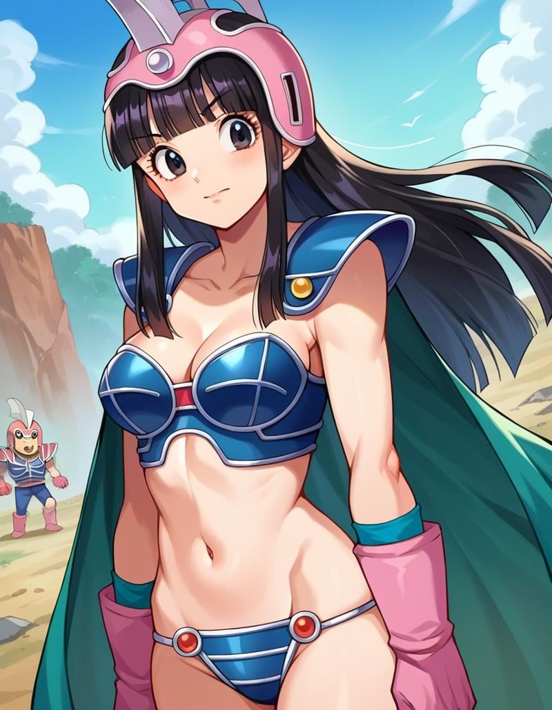 score_9, score_8_up, score_7_up, source_anime,dragonballchichi, <lora:dragonball-chichi-ponyxl-lora-nochekaiser:1>,chi chi, black eyes, black hair, long hair, hime cut, blunt bangs, sidelocks,armor, bikini armor, cape, collarbone, gloves, helmet, navel, pauldrons, shoulder armor, cleavage,outdoors, wasteland,looking at viewer, dutch angle, cowboy shot,