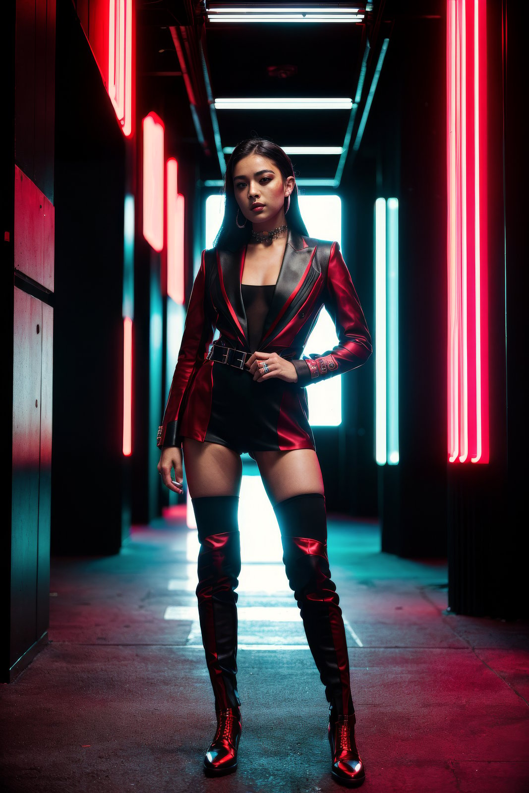 cyberpunk, full body, epic photograph, young woman, fit body, Nikon Z9, red color grading, wearing suit designed by Dolce & Gabbana, Sony A7, ektachrome