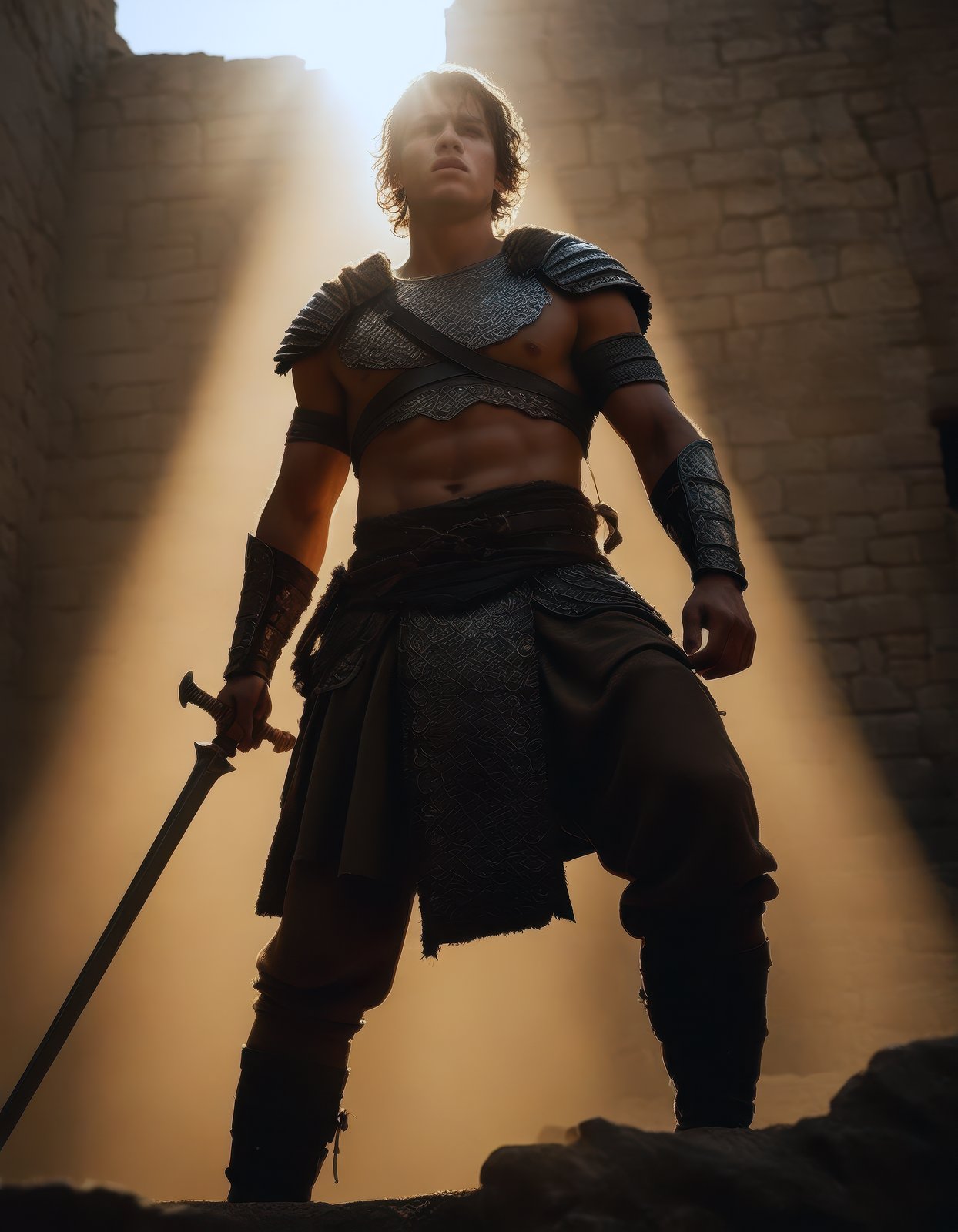 RAW photo, a young man, male focus,He stood as a bulwark against the onslaught, his presence a source of strength and inspiration. He was a warrior, not defined by his physical prowess, but by his unwavering spirit., epic scene, dynamic camera, backlight, high quality, intricate, highly detailed, sharp focus, low angle,