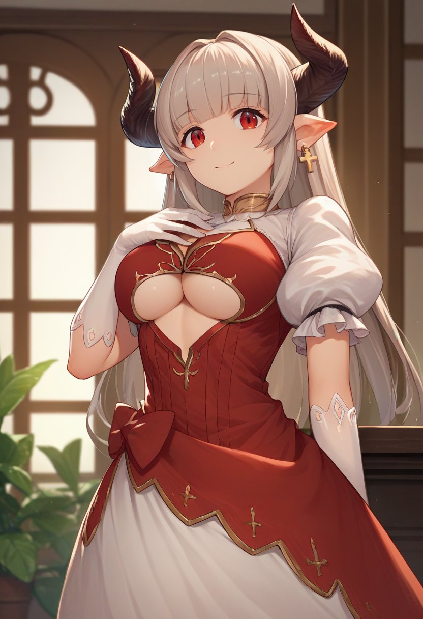 score_9, score_8_up, score_7_up, source_anime, solo, 1girl, gbfalicia, smile, looking at viewer, standing, hand on own chest, grey hair, pointy ears, horns, red dress, underboob cutout, center opening, puffy sleeves, white gloves, cross earrings, indoors <lora:gbf_alicia_ponyXL-000010:1>