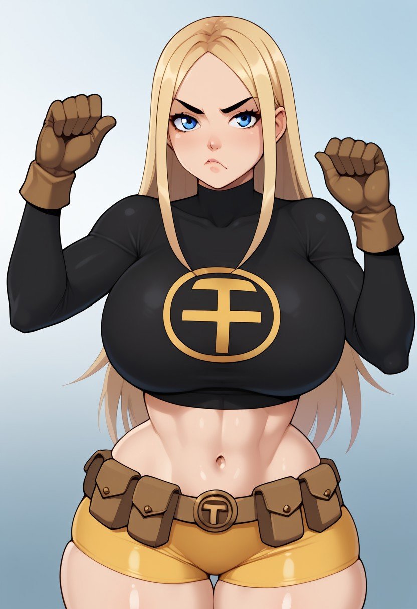 score_9, score_8_up, score_7_up, deep skin, shiny skin, skindentation, source_anime, high quality, highres, (curvy), ((((wide hips)))),, thick thighs, cute, , sexy, huge breasts, TerraTT, 1girl, blonde hair, long hair, blue eyes, forehead, parted bangs, black shirt, long sleeves, turtleneck, midriff, navel, yellow shorts, biker shorts, brown belt, brown gloves, skintight shirt, solo, Pout