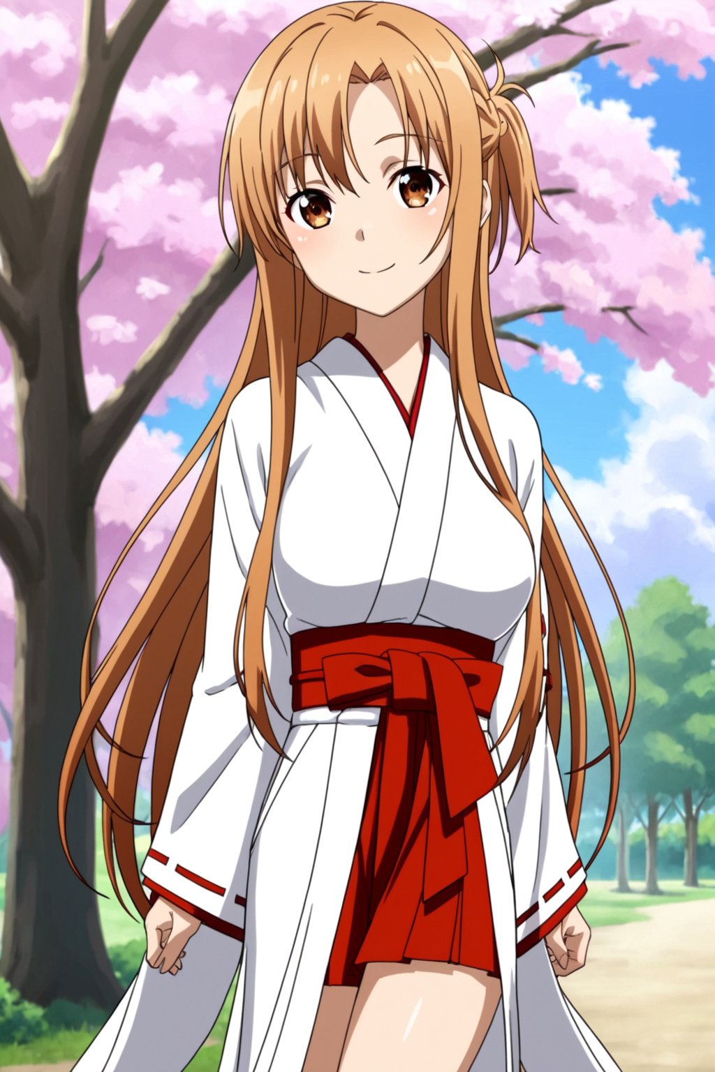 score_9, score_8_up, score_7_up, score_6_up, score_5_up, score_4_up, source_anime, yuuki asuna, long hair, 1girl, solo, japanese clothes, miko, white kimono, smile, outdoors, hakama, looking at viewer, skirt, day, hakama skirt, tree, red hakama, long sleeves,masterpiece, perfect face, best quality, beautiful girl, cute girl, beautiful eyes, shiny eyes, anime coloring, anime screencap, absurdres, outdoors,<lora:yuuki asuna hassaku 1015:0.8>