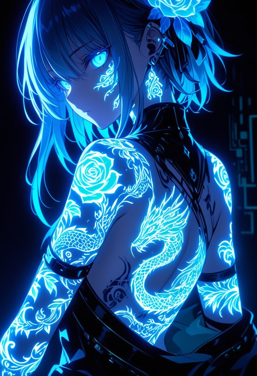 A  full body Anime art. anime style A mystical Asian girl with glowing blue ethereal floral rose tattoos covering her hand, arm, and face, emitting a mystical and ethereal glow. Her piercing eyes match the neon blue glow, with soft, shadowy lighting around her face. Her hair is styled in a cyberpunk fashion, with a black background and blue and green colored glowing engravings, looking back at the viewer, glowing Eyes. <lora:g1owingtatt00:0.75>