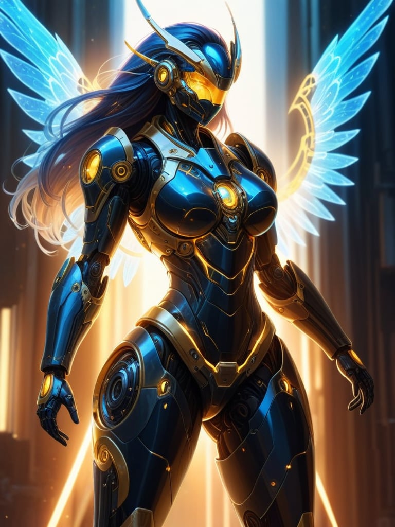 score_9,score_8_up,score_7_up,glowing lines, holo, halo, angelic, combat pose,(Solo), humanoid mecha, transparent windows that show ultra detailed gears, female, aerodynamic, beautiful, golden accents, mantellic blue and black armor, long hair, Detailed face, Detailed eyes, detailed face,very aesthetic, intricate details,abstract, beautiful, Expressive,dynamic lighting, ray tracing, extreme contrast,